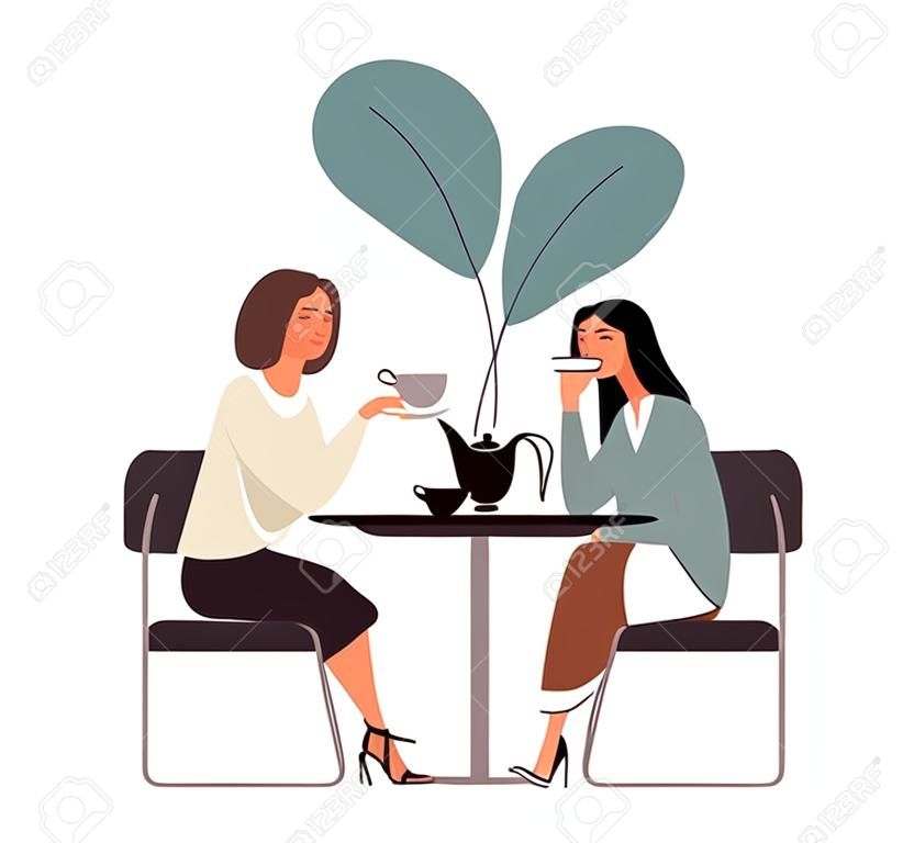 Female friends drinking tea together at cafe vector flat illustration. Smiling woman gossiping spending time at cafeteria isolated. People enjoying coffee break in public place sitting at table