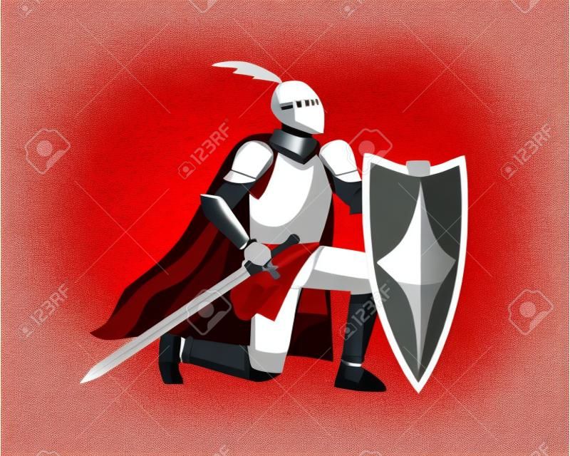 Knight in armor and red cloak holding shield and sword and giving oath on his knee. Medieval warrior kneeling and swearing allegiance. Chivalry isolated on white background. Flat vector illustration