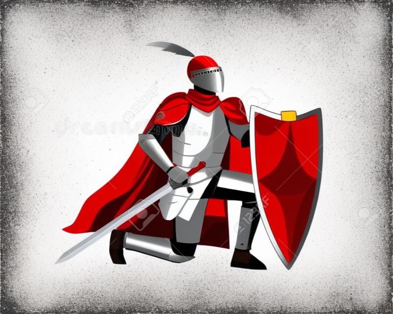 Knight in armor and red cloak holding shield and sword and giving oath on his knee. Medieval warrior kneeling and swearing allegiance. Chivalry isolated on white background. Flat vector illustration