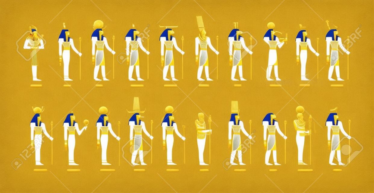 Set van Egyptische goden en godinnen. Godheden van het oude Egypte. Mythe Cairo figuren en beelden. Gekleurde platte vector illustratie van osiris, horus, ra, sobek en thoth geïsoleerd op witte achtergrond