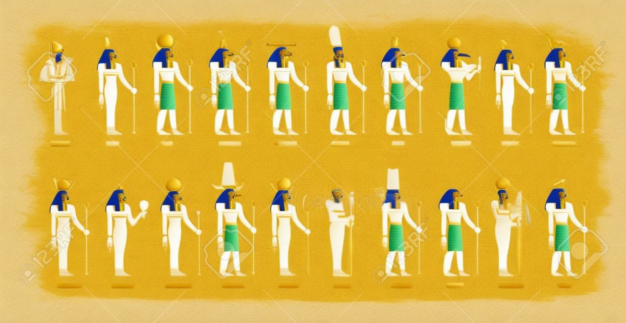 Set di divinità e dee egizie. Divinità dell'antico Egitto. Mito Il Cairo figure e statue. Illustrazione vettoriale piatta colorata di osiride, horus, ra, sobek e thoth isolati su sfondo bianco