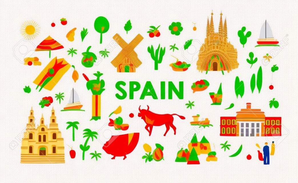 Conjunto de símbolos de la cultura y arquitectura tradicional española. Conjunto de personas, edificios, plantas, comida y monumentos de España. Ilustración de vector plano coloreado aislado sobre fondo blanco