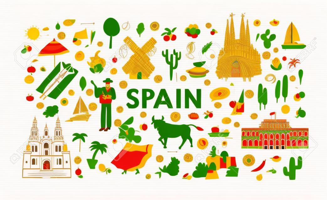 Conjunto de símbolos de la cultura y arquitectura tradicional española. Conjunto de personas, edificios, plantas, comida y monumentos de España. Ilustración de vector plano coloreado aislado sobre fondo blanco