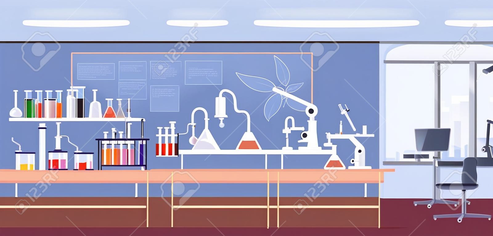 Wnętrze laboratorium chemicznego z meblami, mikroskopem, kolbami i probówkami. eksperyment w klasie chemii w szkole. kolorowy płaski kreskówka wektor ilustracja pokoju badawczego ze sprzętem