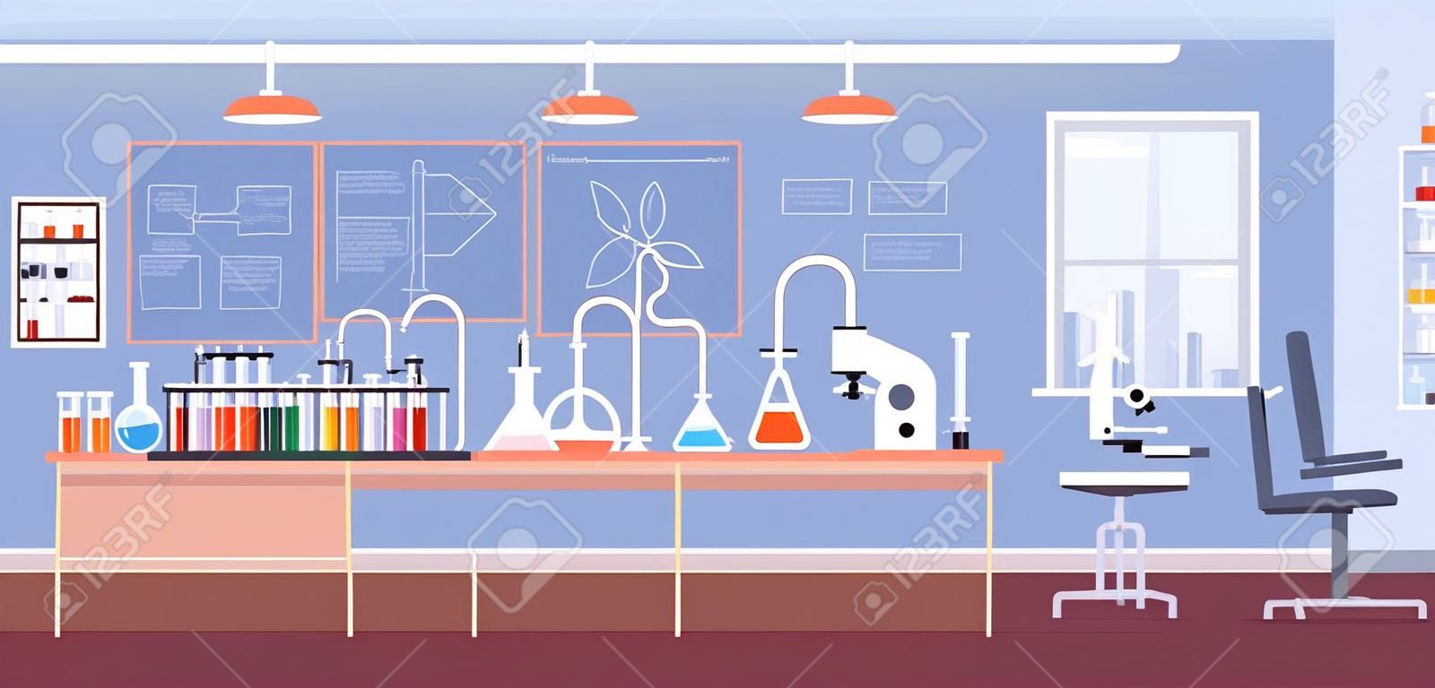 家具、顕微鏡、フラスコ、チューブを備えた化学実験室の内部。学校の化学教室で実験してください。設備のある研究室の色付きフラット漫画ベクトルイラスト