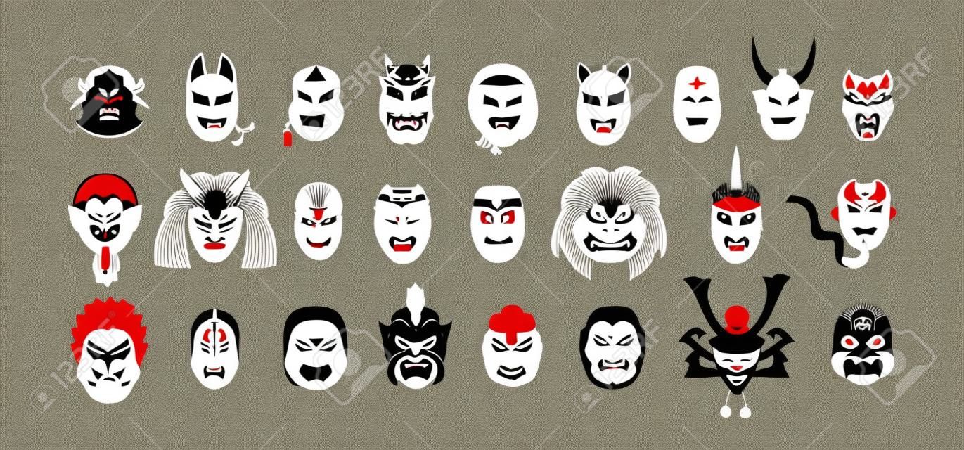 Set of isolated Japanese theatrical Noh masks. Japan festival heads of god, devils, demons and monsters. Colored flat graphic vector illustration of hannya, hyottoko, kabuki, kitsune, kyogen and okame