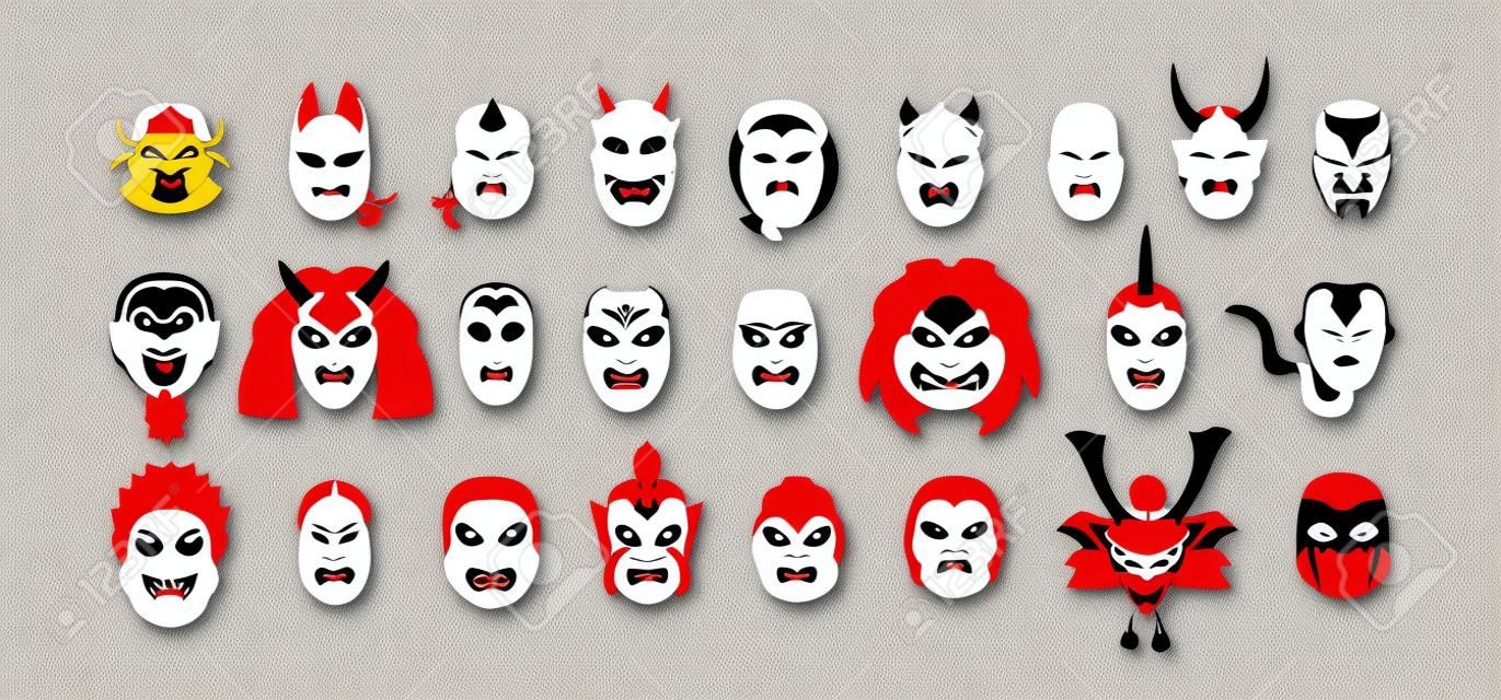 Set van geïsoleerde Japanse theatrale Noh maskers. Japan festivalhoofden van god, duivels, demonen en monsters. Gekleurde platte grafische vector illustratie van hannya, hyottoko, kabuki, kitsuen, kyogen en okame