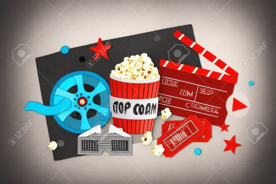 Cinema items in retro style. Movie tickets, film clapperboard, popcorn bucket, vintage reel, and 3d glasses composition. Cinematography industry. Colored flat vector illustration isolated on white