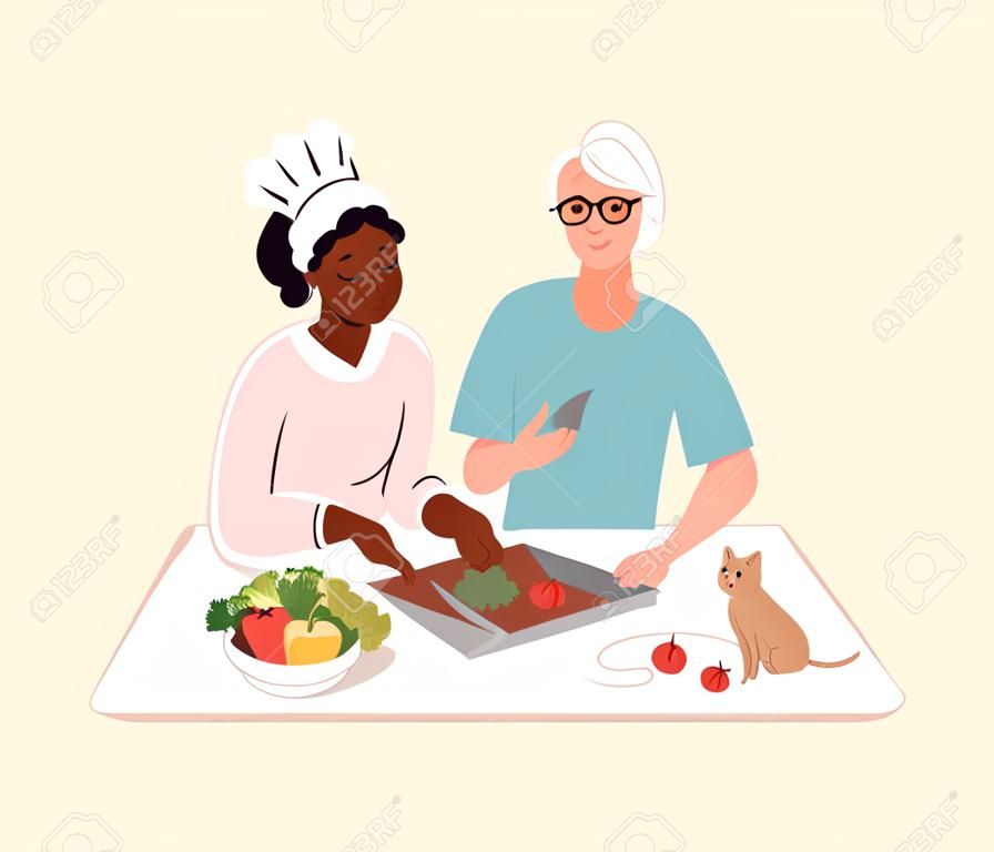 조리법을 읽고 요리책을 들고 요리하는 커플. 젊은 남녀가 샐러드를 요리하고 집 부엌에서 함께 건강한 야채 요리를 준비합니다. 평면 벡터 일러스트 레이 션 흰색 배경에 고립