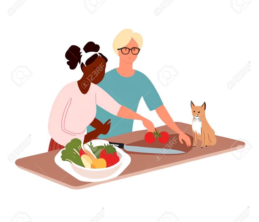 Couple cook with culinary book, reading recipe. Young man and woman cooking salad, preparing healthy vegetable dish together at home kitchen. Flat vector illustration isolated on white background