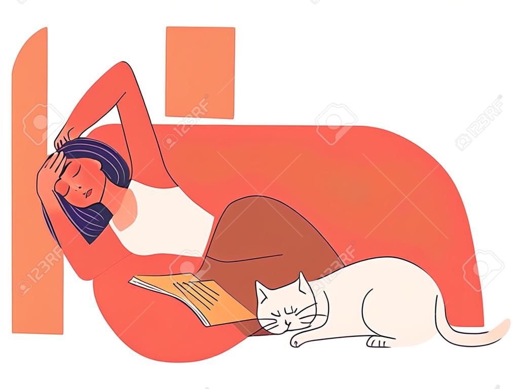 Vrouw ontspannen en lezen boek. Gelukkige persoon rusten met schattige slapende kat in de vrije tijd thuis. Kalm vakantie en langzaam leven concept. Platte vector illustratie geïsoleerd op witte achtergrond