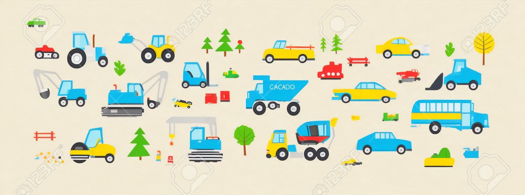 Lindos autos al estilo escandinavo. Conjunto infantil de juguetes de transporte por carretera. Tractor, autobús, camión volquete, excavadora, montacargas, taxi y camioneta. Ilustraciones vectoriales planas coloreadas aisladas sobre fondo blanco