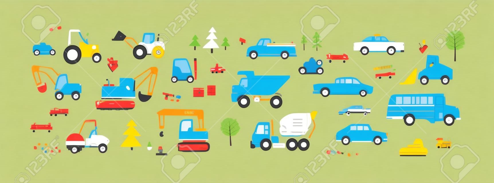Lindos autos al estilo escandinavo. Conjunto infantil de juguetes de transporte por carretera. Tractor, autobús, camión volquete, excavadora, montacargas, taxi y camioneta. Ilustraciones vectoriales planas coloreadas aisladas sobre fondo blanco