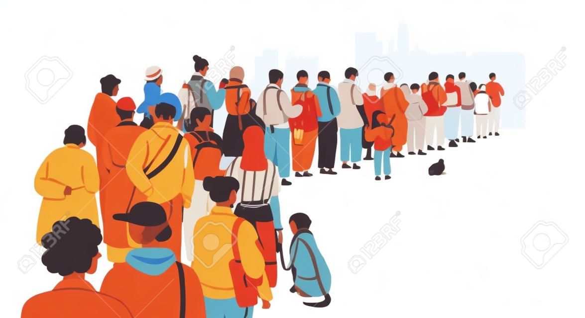 Duża kolejka. wiele, mnóstwo ludzi czeka w długiej kolejce, widok z tyłu. tłum turystów, uchodźców, mężczyzn, kobiet, dzieci w kolejce. koncepcja migracji. płaska ilustracja wektorowa izolowana na białym tle