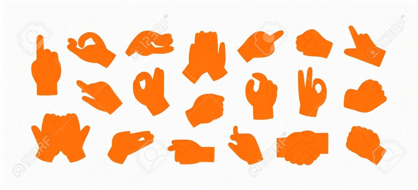 Verschiedene Handgesten eingestellt. Zeichen, Ausdrücke mit Zeigefingern, geballten Fäusten, offenen und grüßenden Handflächen. OK-Symbol, Händedruck, Berühren. Flache Vektorgrafiken isoliert auf weißem Hintergrund