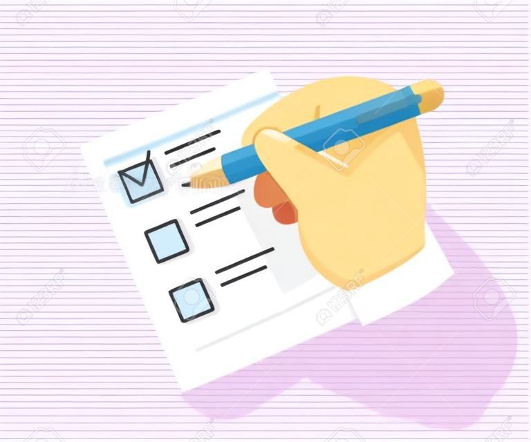 Hand with pen ticking done tasks with mark in check box of to do list. Filling form with checkboxes, choosing answer on sheet of paper, document. Flat vector illustration isolated on white background