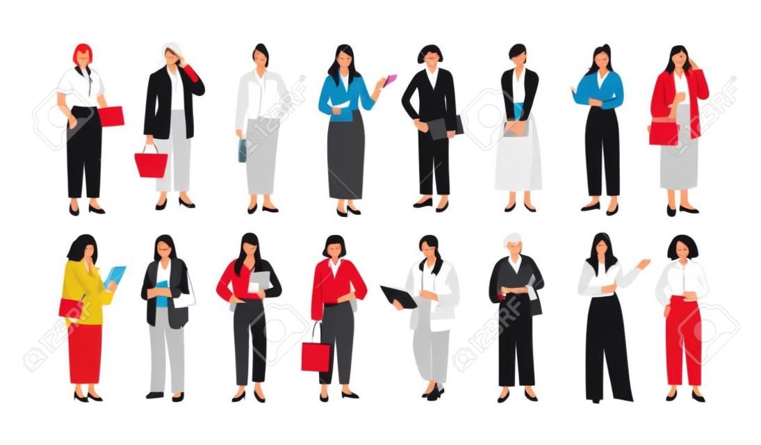 Modern business women set. Diverse businesswomen stand with mobile phones, laptop computers, notebooks, planners. Female office workers. Flat graphic vector illustrations isolated on white background
