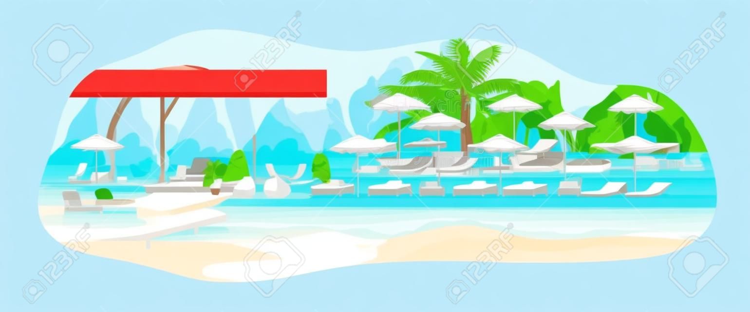 Empty beach club at luxury sea resort. Chaise lounges, deck chairs, umbrellas, parasols, modern furniture at tropical seaside landscape. Flat graphic vector illustration isolated on white background