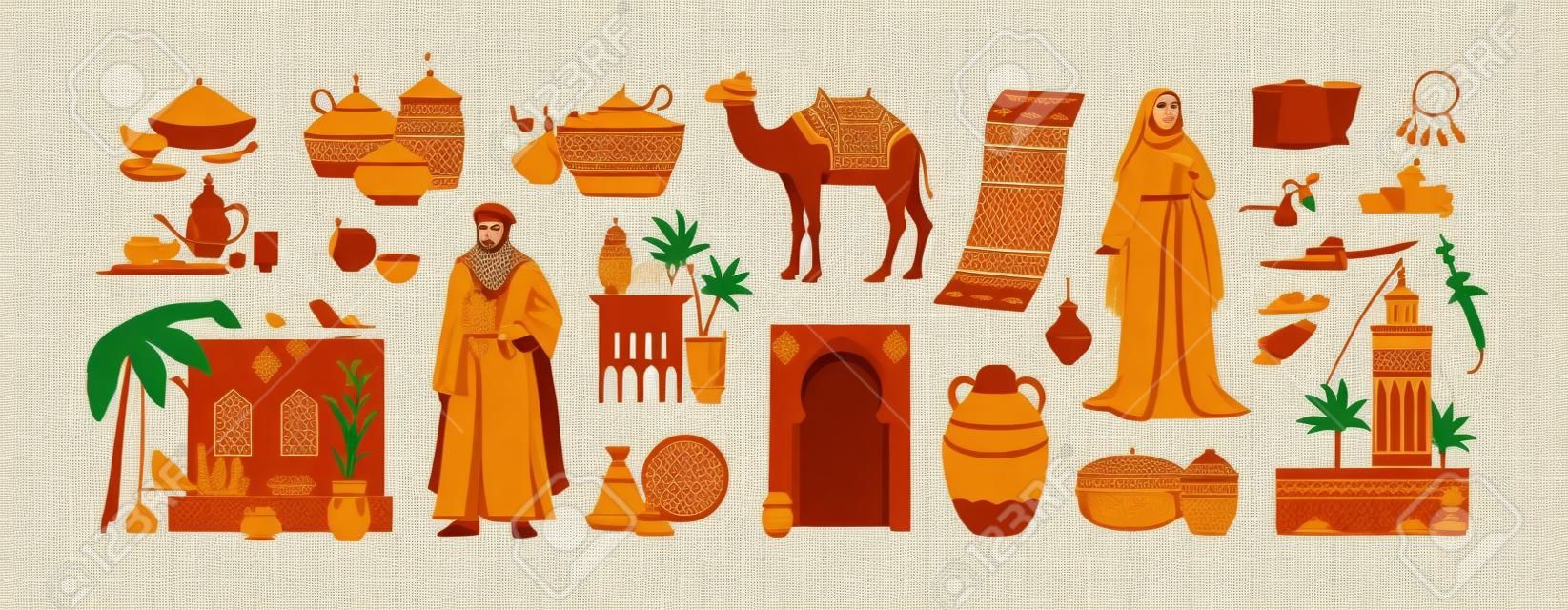 Cultura marroquina tradicional conjunto herança marroquina comida árabe cerâmica arquitetura roupas acessórios camelo tapete oriental condimentos ilustrações vetoriais planas isoladas em fundo branco