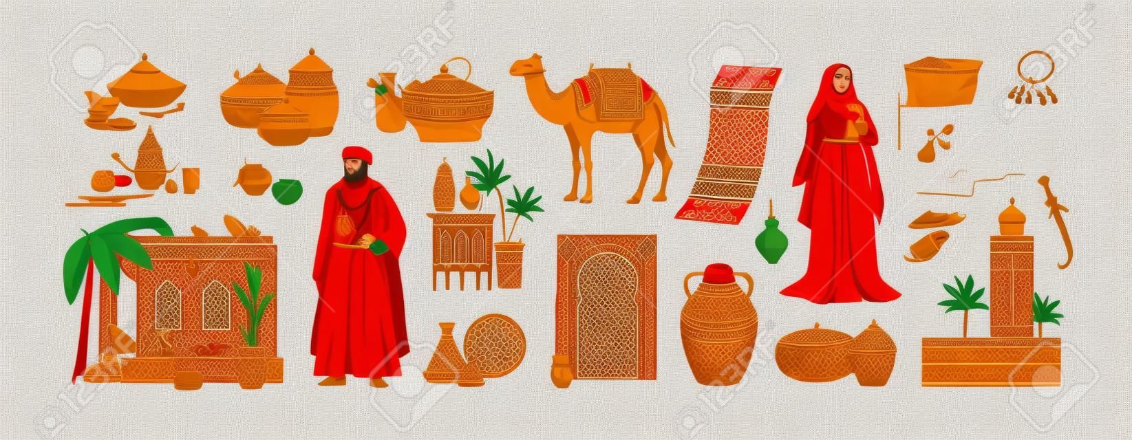 Cultura marroquina tradicional conjunto herança marroquina comida árabe cerâmica arquitetura roupas acessórios camelo tapete oriental condimentos ilustrações vetoriais planas isoladas em fundo branco