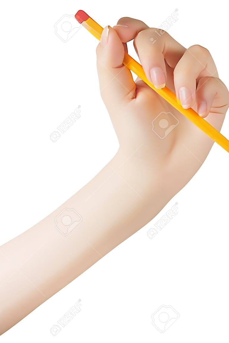 weiblichen Teenager Hand Bleistift mit Radiergummi oben, isoliert auf weißem