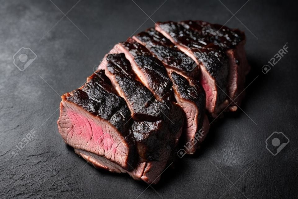 prepared beef steack on slate board closeup