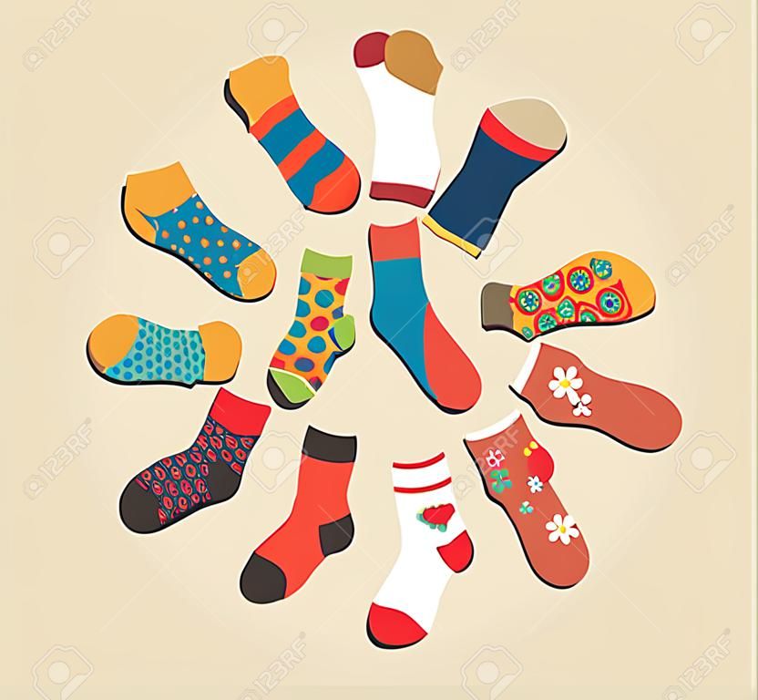 Vector colored socks in a circle on a beige background