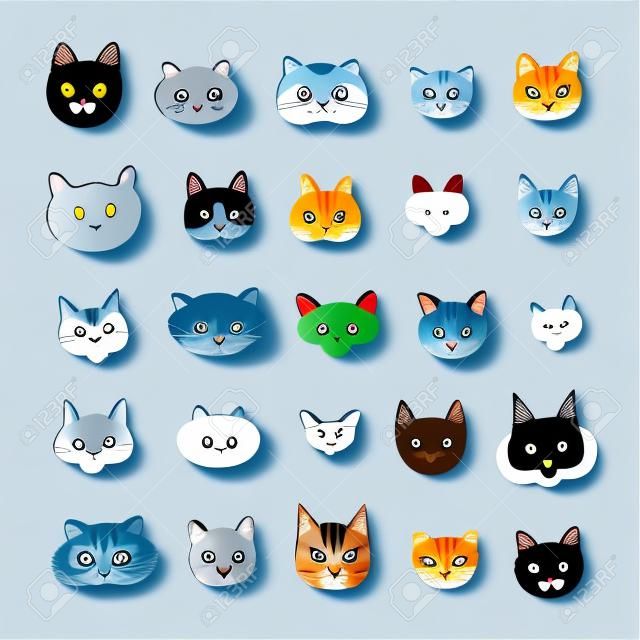 Ensemble d'illustrations vectorielles doodle dessin animé visages de chats