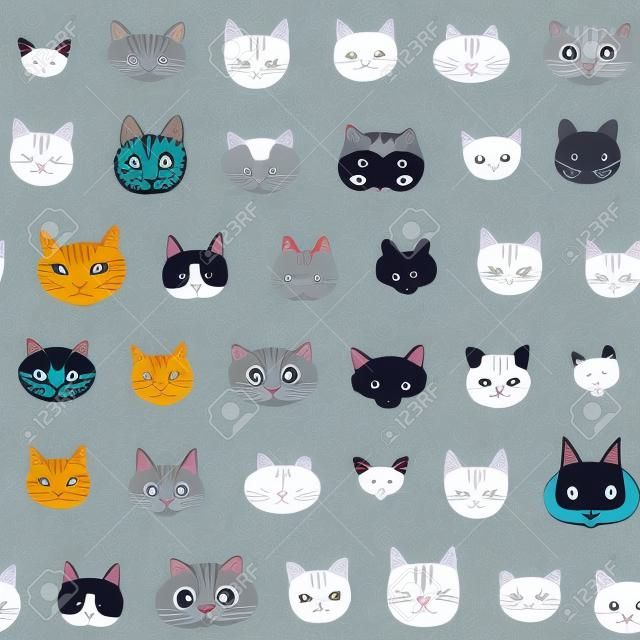 Cats faces doodle vector seamless pattern.