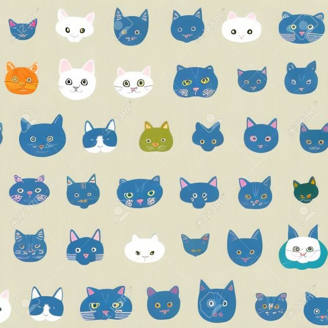 Cats faces doodle vector seamless pattern.