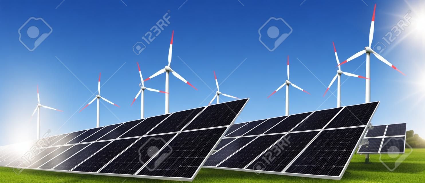 Photovoltaic system and wind turbine in front of blue sky