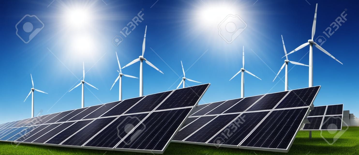 Photovoltaic system and wind turbine in front of blue sky