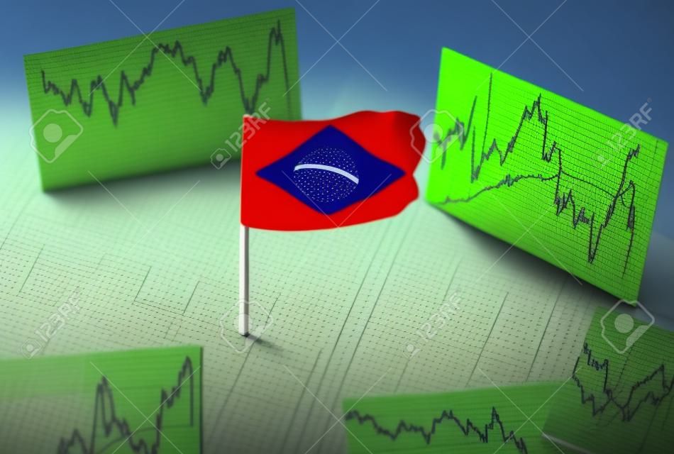 Braziliaanse vlag met cursustabellen en grafieken over economische ontwikkeling