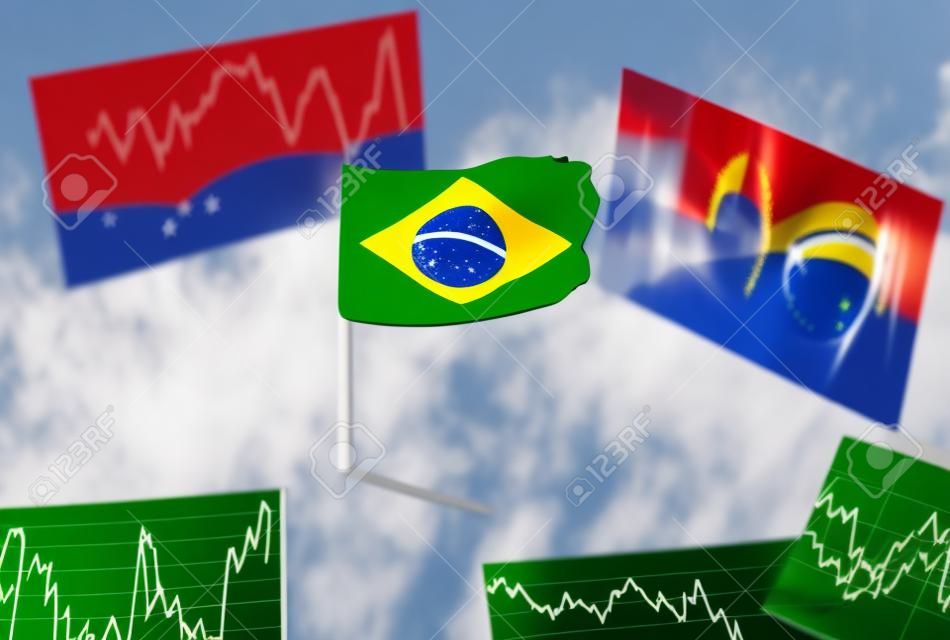 Braziliaanse vlag met cursustabellen en grafieken over economische ontwikkeling