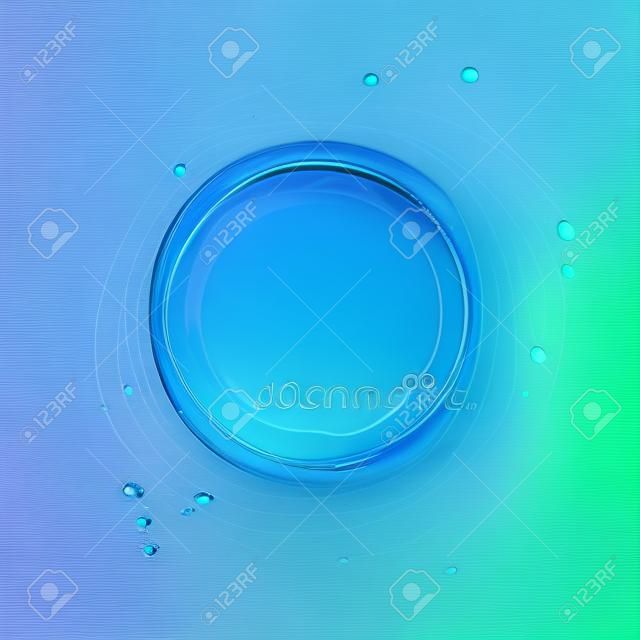 在透明背景隔絕的水矢量飛濺。藍色現實水圈與滴。頂視圖。 3d圖。用梯度網格工具創建的半透明液體表面背景