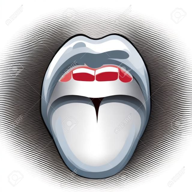 Vector l & # 39 ; illustrazione divertente della bocca aperta che attacca lingua isolata su fondo bianco