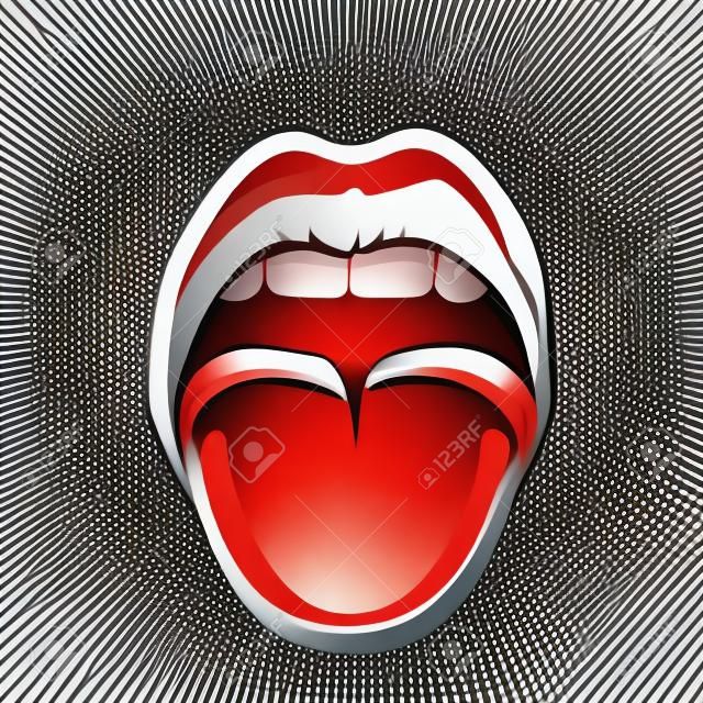 Vector ilustración divertida de la boca abierta pegado a la lengua aislado sobre fondo blanco