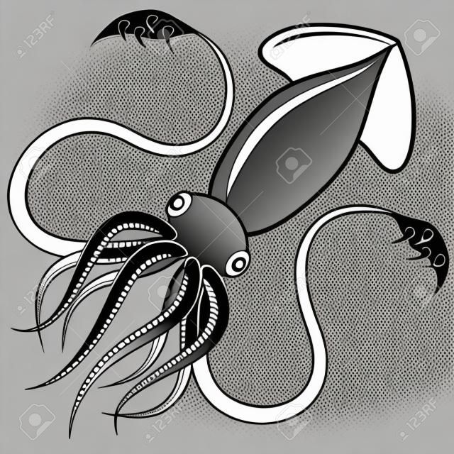 Черно-белая векторная иллюстрация кальмара