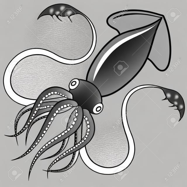 Черно-белая векторная иллюстрация кальмара