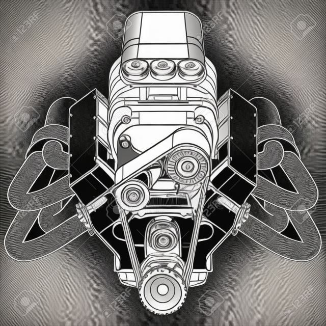 Schematische tekening van Hot Rod Engine. Vector illustratie