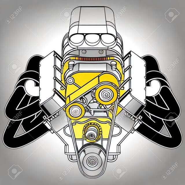 Схематическое изображение Hot Rod Engine. Векторная иллюстрация