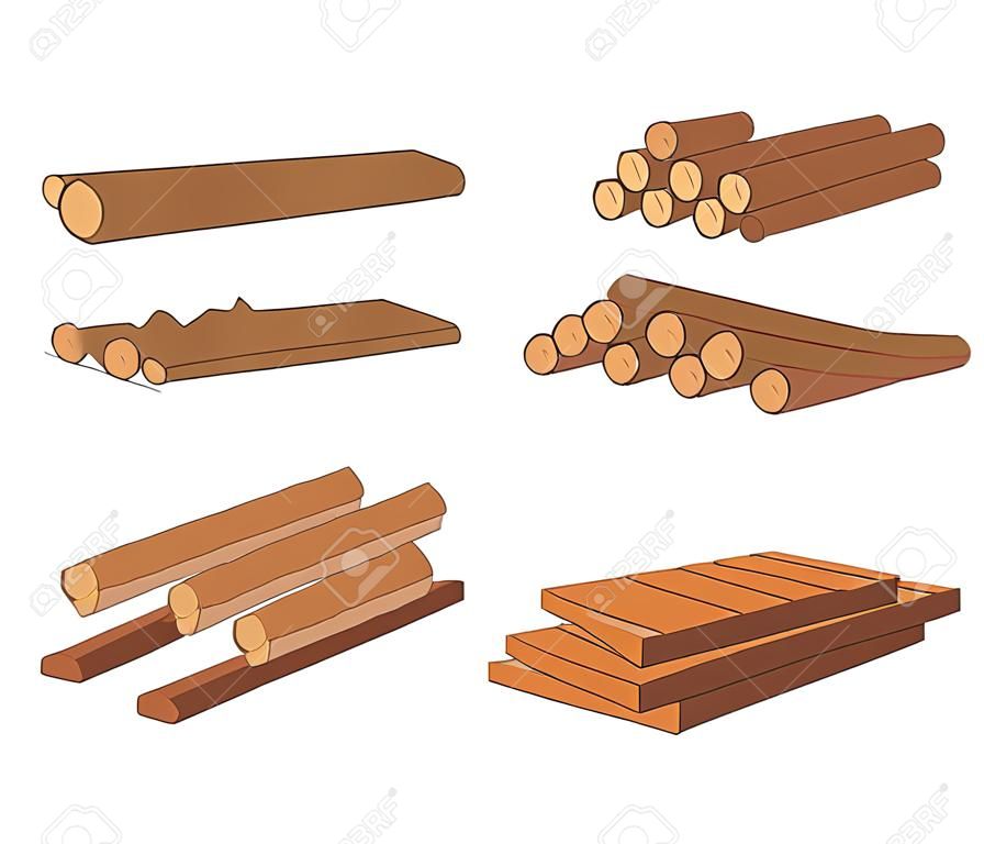 Houten stammen. Bruine schors van geveld droog hout. Aankoop voor de bouw. Vector illustratie. Een set van houten bandjes voor hout, een illustratie van de industrie van houtmaterialen.