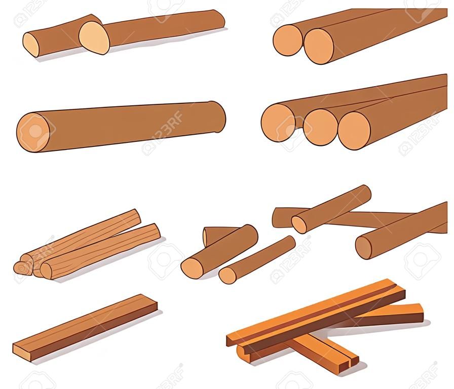 Houten stammen. Bruine schors van geveld droog hout. Aankoop voor de bouw. Vector illustratie. Een set van houten bandjes voor hout, een illustratie van de industrie van houtmaterialen.