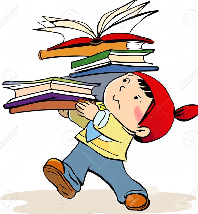 Estudante com enorme pilha de livros
