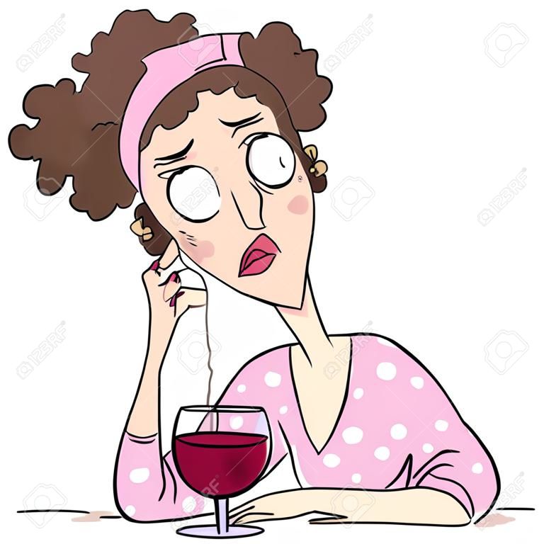 Donna annoiata con un bicchiere di vino