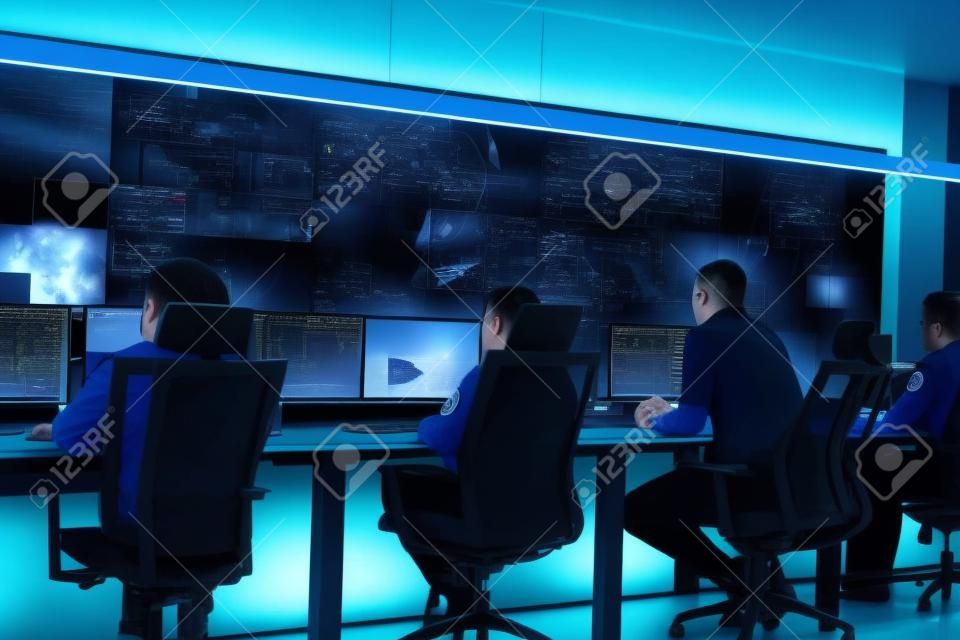Equipo de agentes secretos uniformados, monitoreando cibernéticos, video y comunicaciones en la estación principal del centro de datos de control.