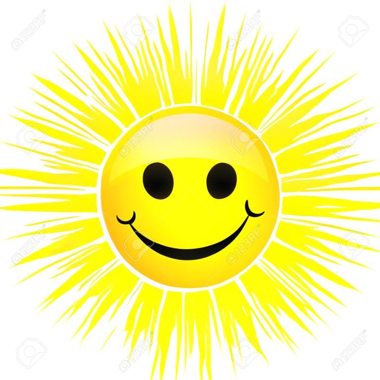 Smiling glänzende Sonne mit Strahlen auf weißem Hintergrund.
