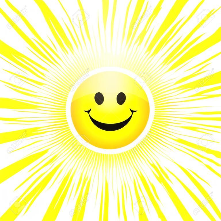 Soleil souriant brillant avec les rayons isolés sur fond blanc.