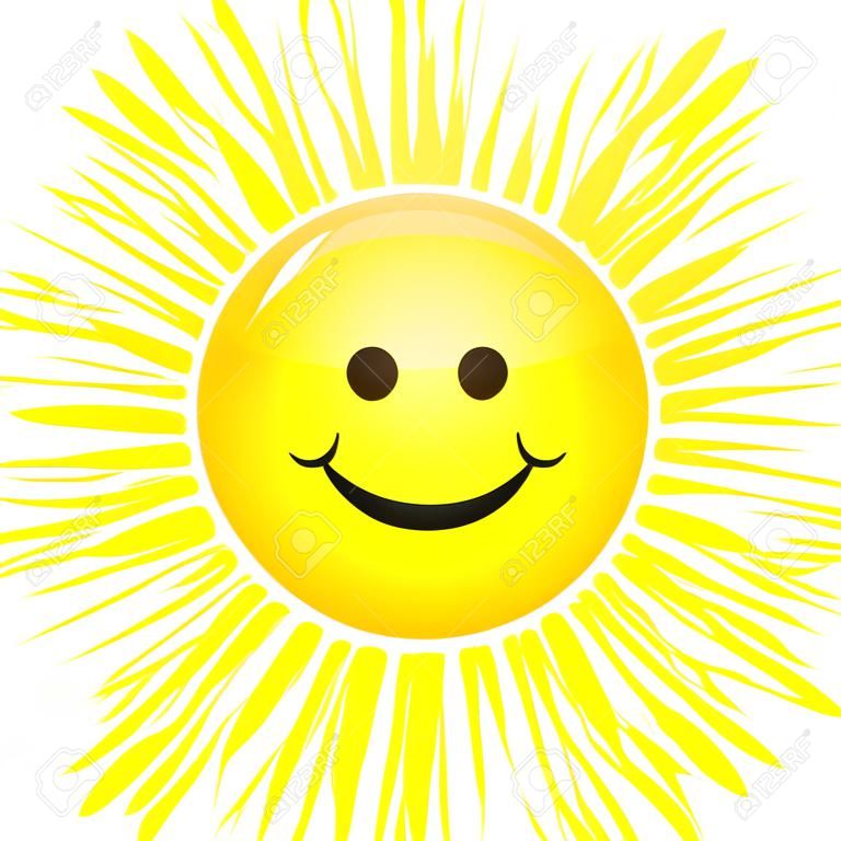 Smiling glänzende Sonne mit Strahlen auf weißem Hintergrund.
