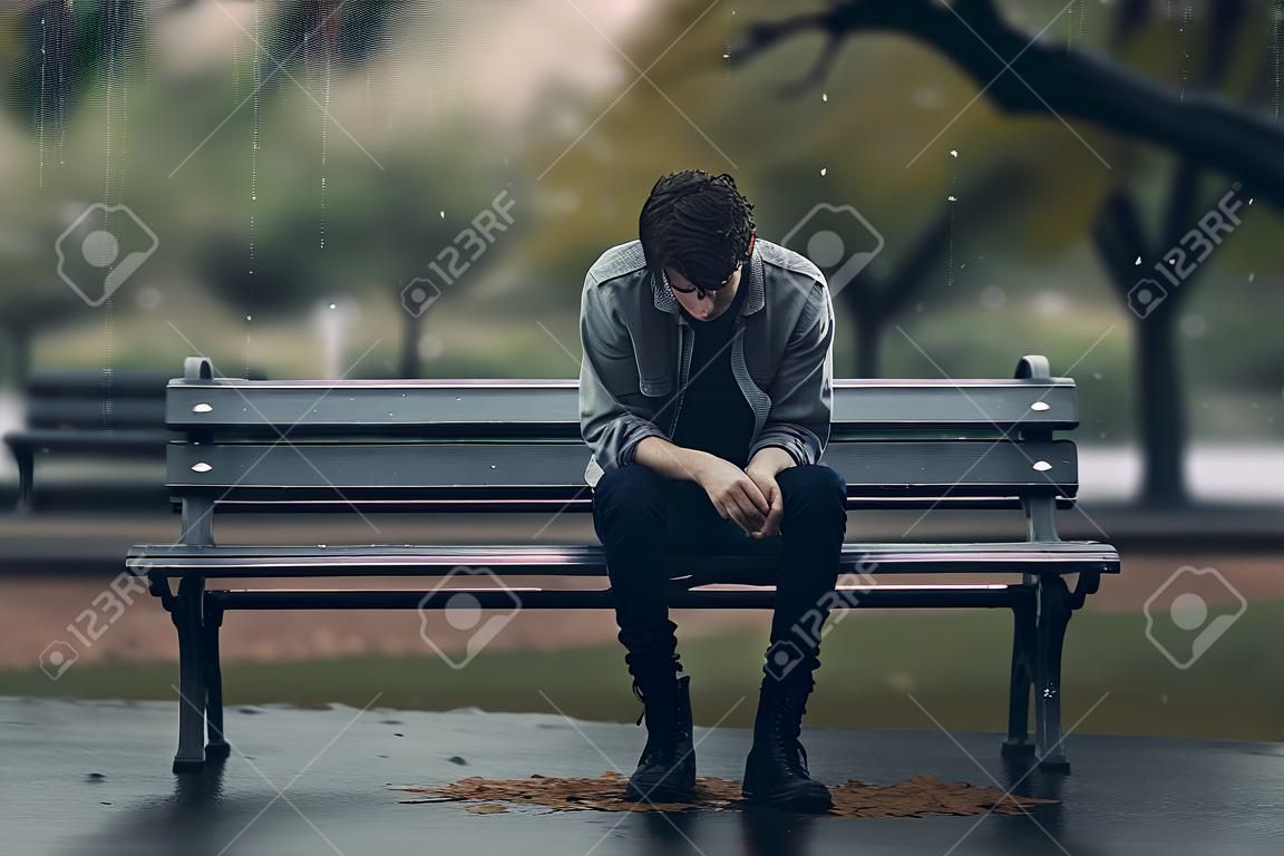 Sad and depressed young man sitting alone on a bench in the rain.